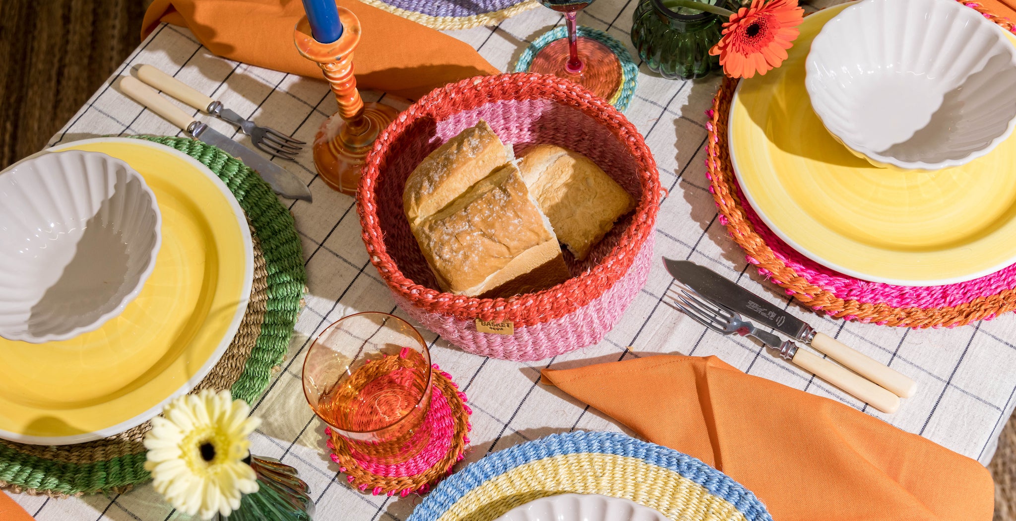 Woven colourful placemats and coasters